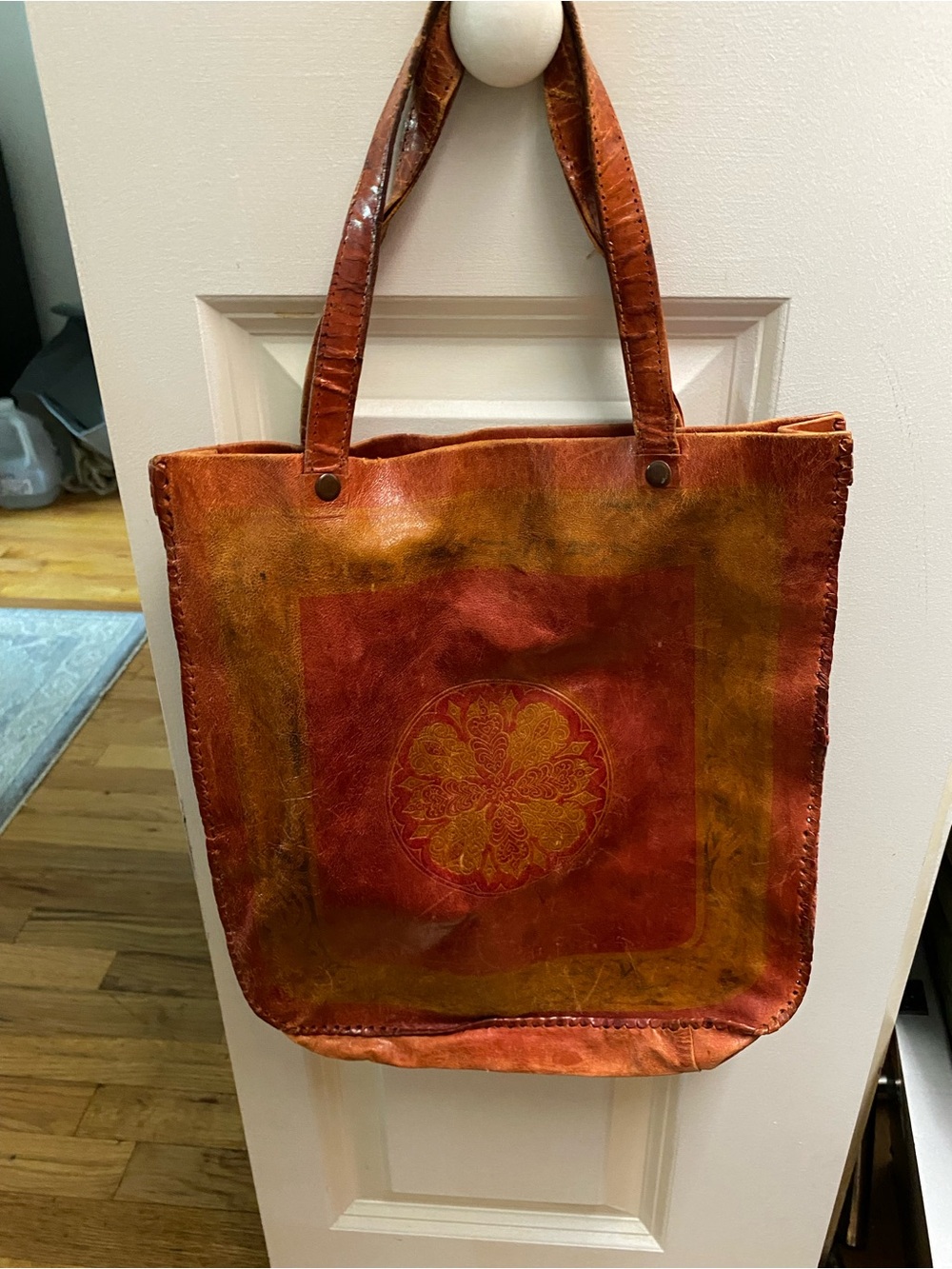 Vintage hand tooled leather tote, thin leather